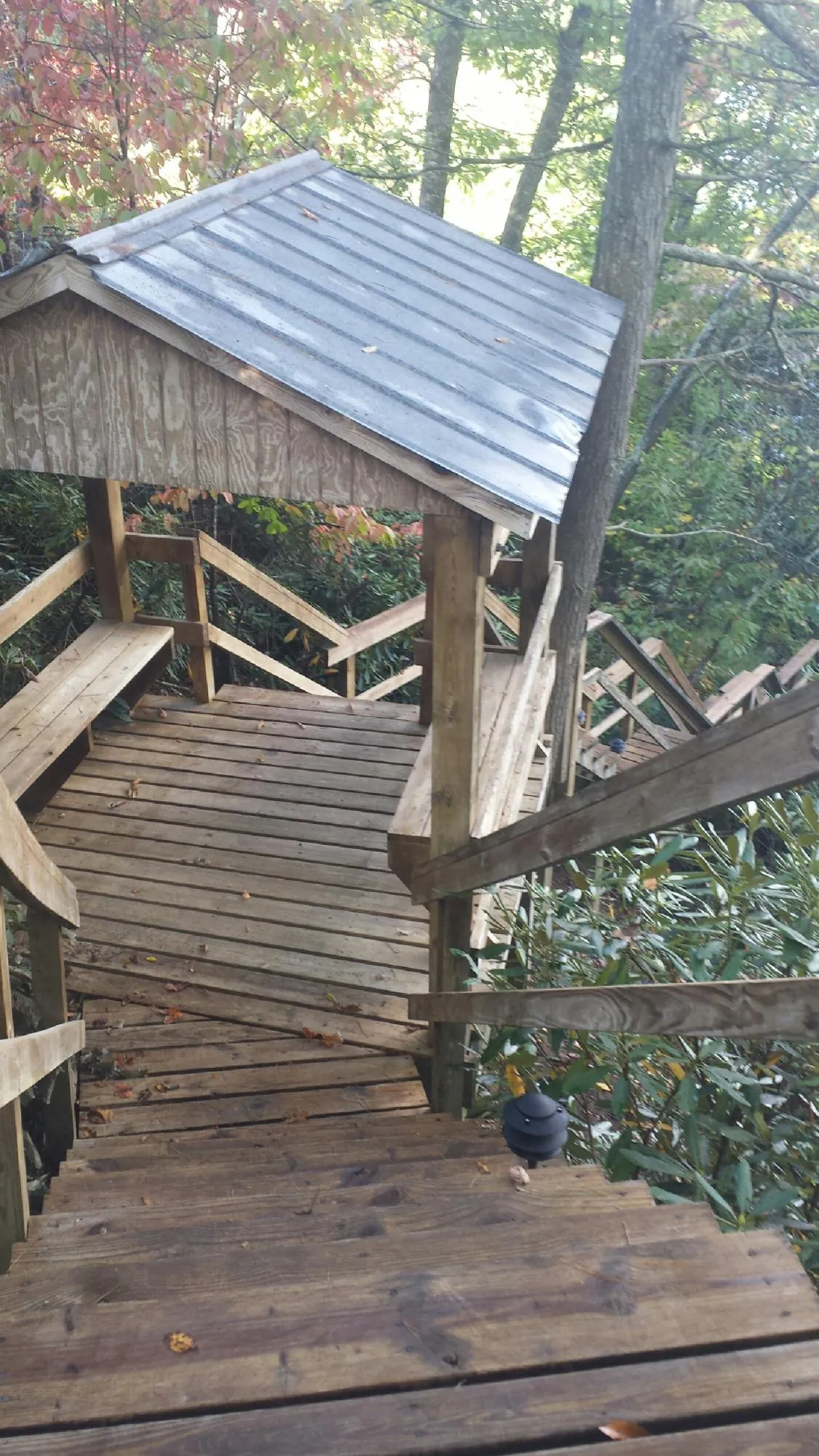 Metal roofed shelter over wooden steps on a wooded walkway — Skylight Repair & Installation work by our crew in Shaniko